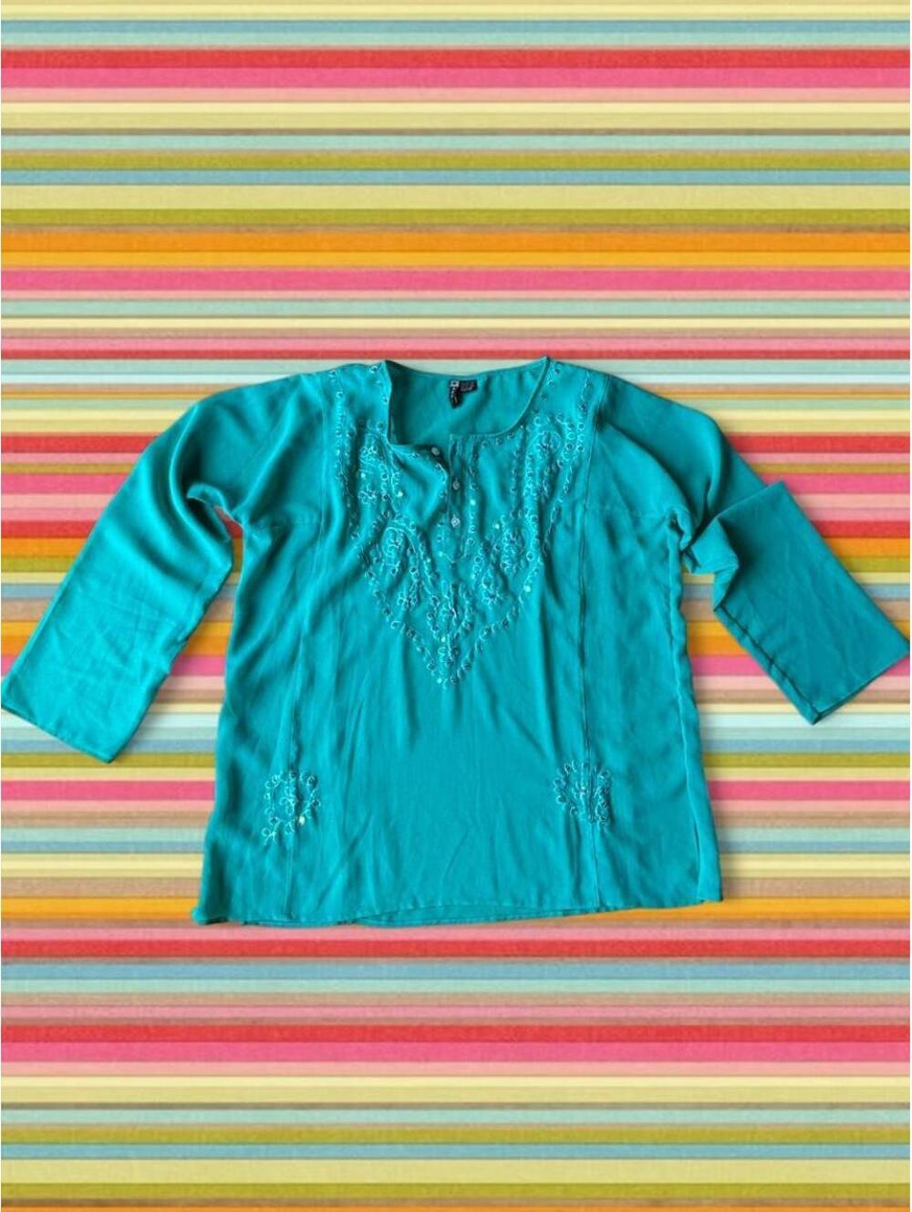 Vintage Teal embroidered sequin long sleeve flowy top with button up front